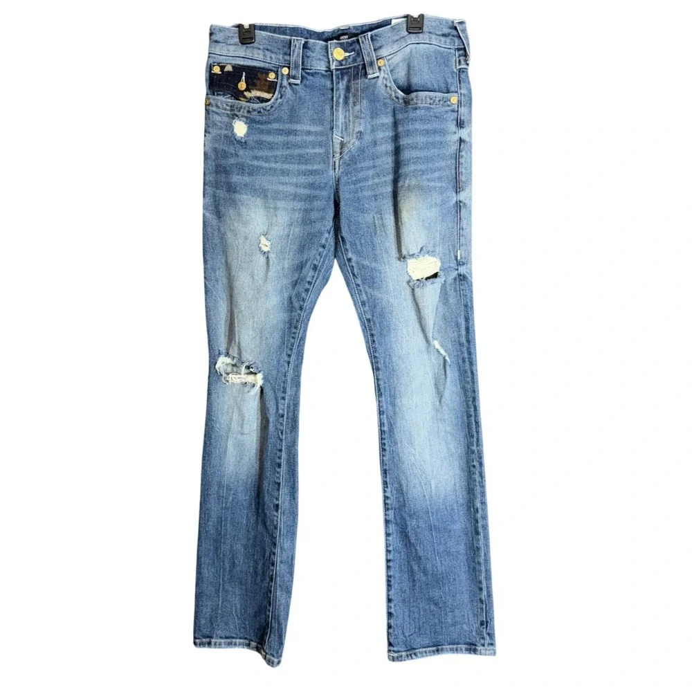 True Religion Mens Size 32 Ricky Relaxed Straight Jeans Distressed Flap Pockets